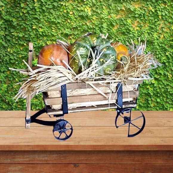 VINTAGE Wood & Metal LARGE WAGON True HAY PUMPKINS & GOURD Fall - Picture 2 of 10